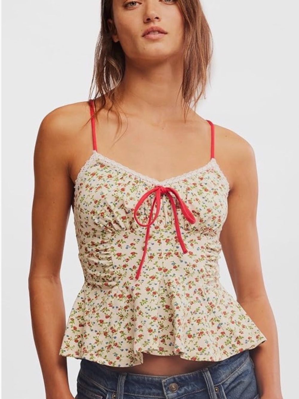 Free People Sammi Floral Peplum Cami Tank Top with Red Bow and lace trim